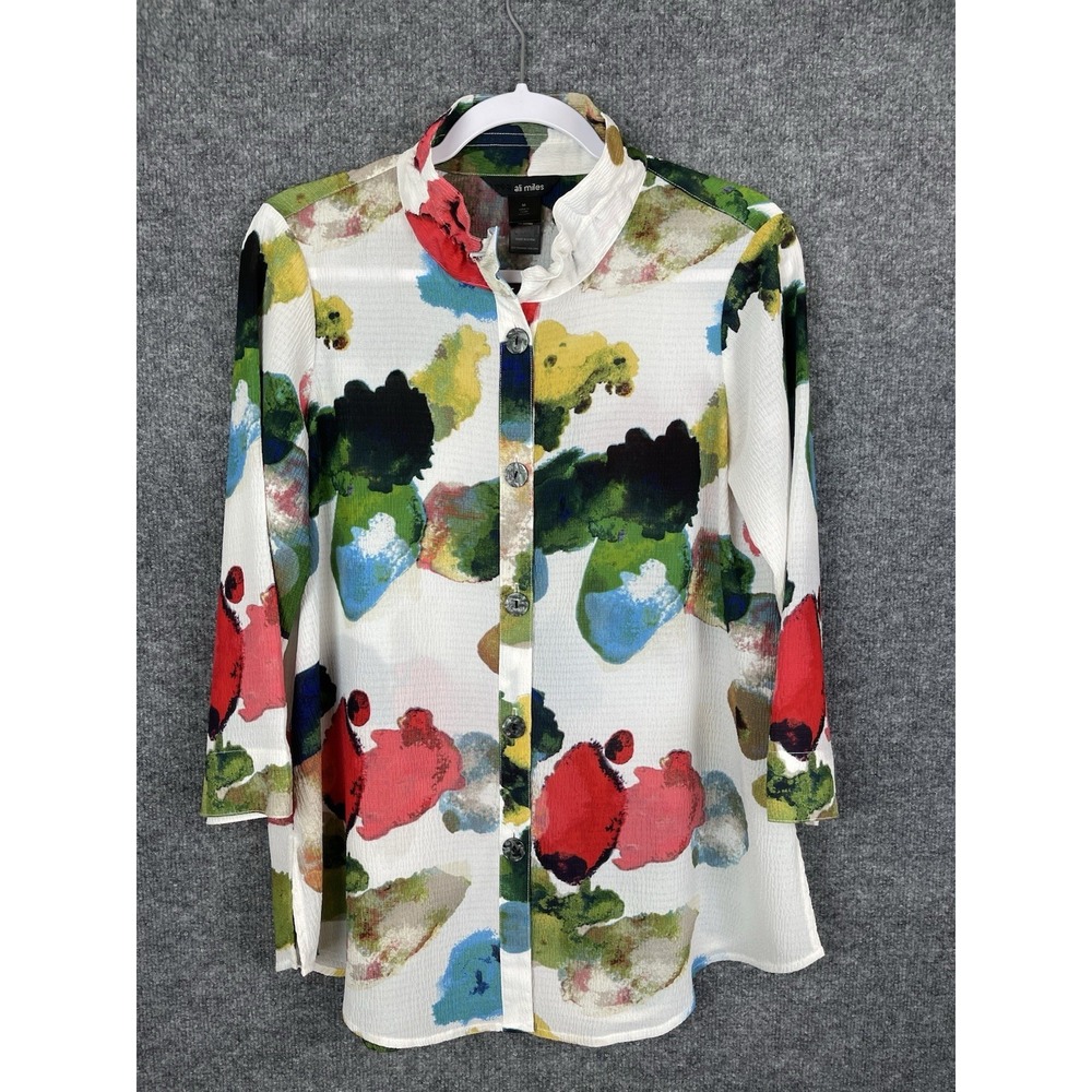 Ali Miles Blouse Petite Medium Wire Collar Abstract Art to Wear Funky Boho